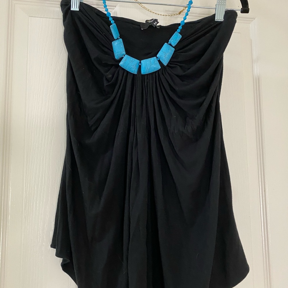 Sky black strapless top with blue jewelled neck